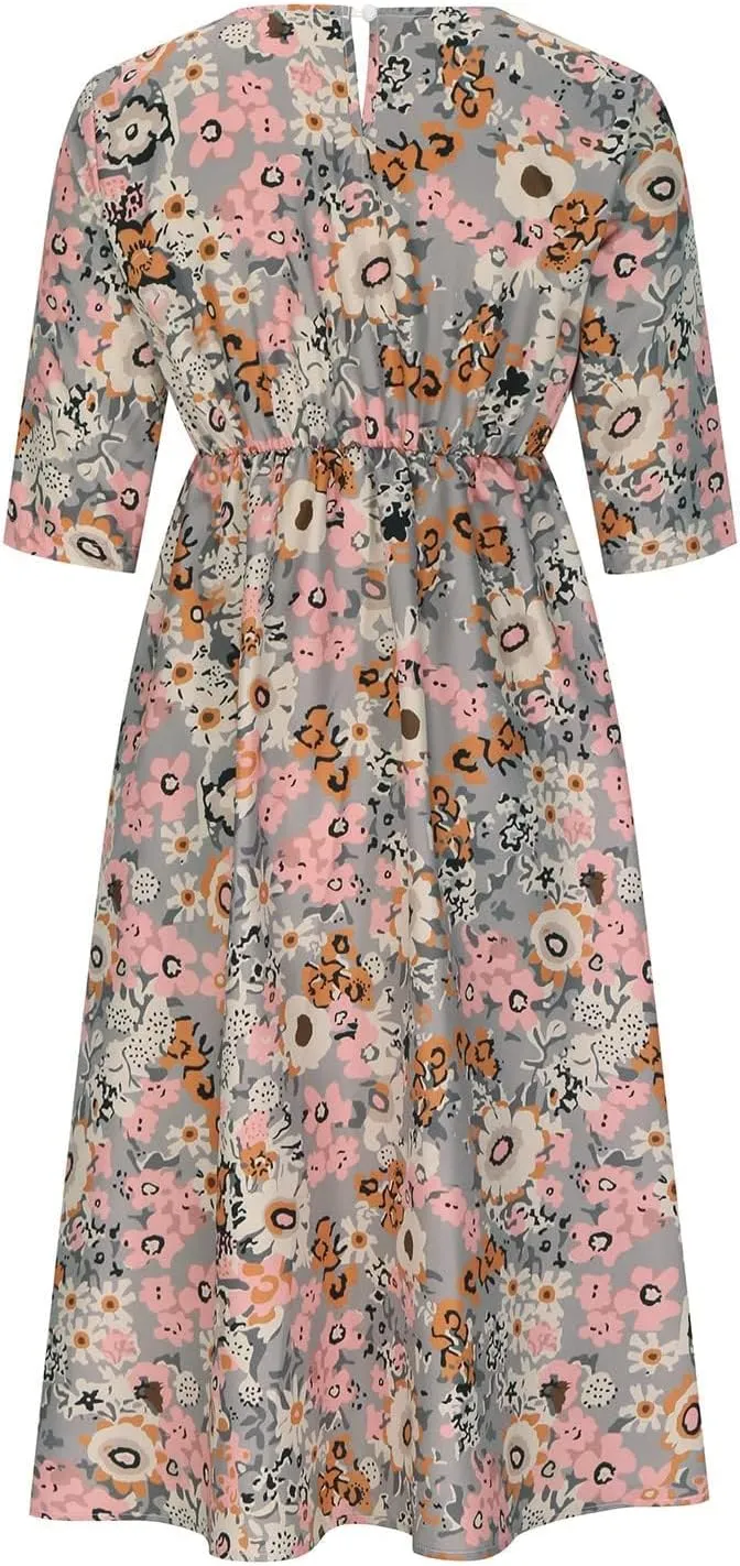 Floral Midi Dress for Women Boho Short Sleeve Tshirt Dresses Summer Casual Loose Sundress with Pockets