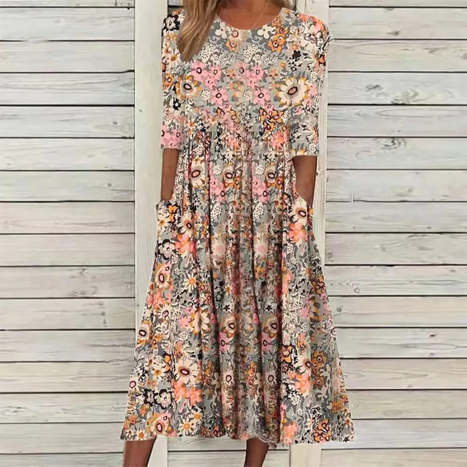 Floral Midi Dress for Women Boho Short Sleeve Tshirt Dresses Summer Casual Loose Sundress with Pockets