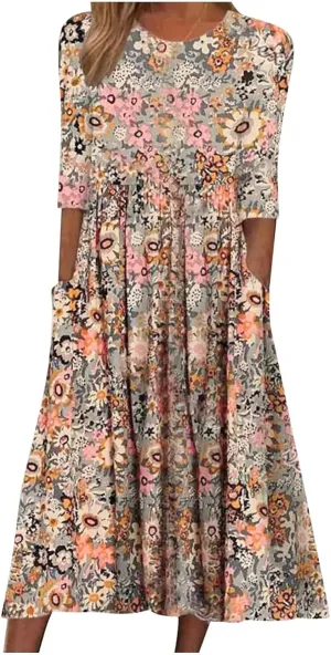 Floral Midi Dress for Women Boho Short Sleeve Tshirt Dresses Summer Casual Loose Sundress with Pockets