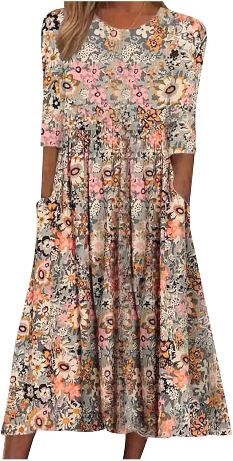 Floral Midi Dress for Women Boho Short Sleeve Tshirt Dresses Summer Casual Loose Sundress with Pockets