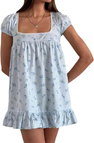 Floral Square Neck Short Ruffle Hem Dress Gingham Babydoll Mini Dress Women Coquette Cute Summer Dresses