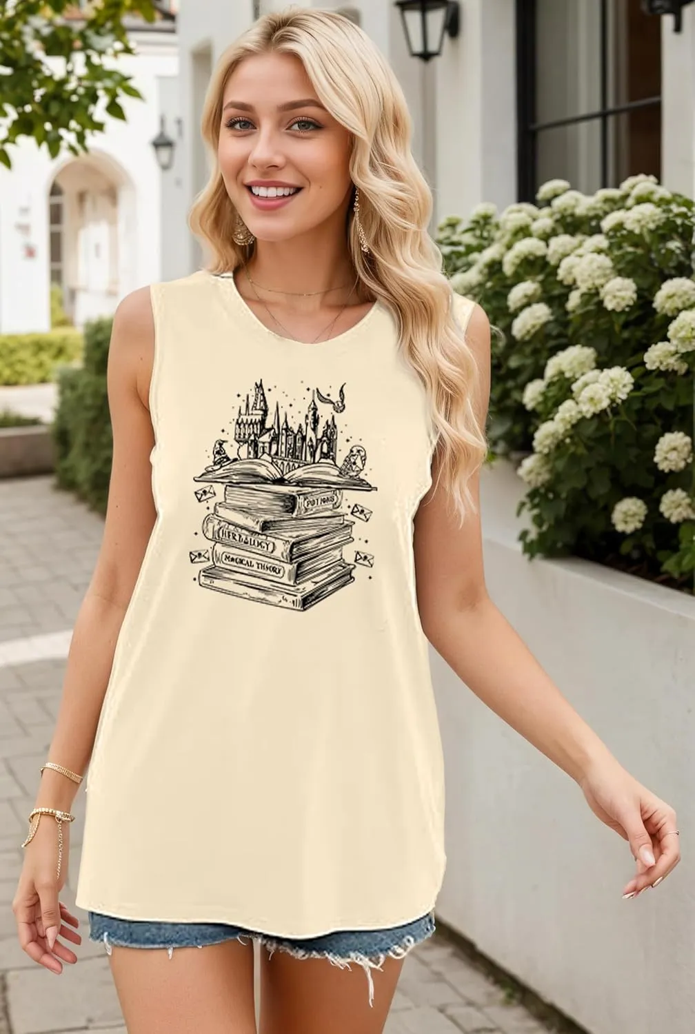 Flourish and Blotts Tank Tops Cute Book Graphic Tshirts for Women Wizard Magical Costume Clothes