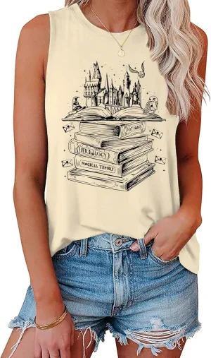 Flourish and Blotts Tank Tops Cute Book Graphic Tshirts for Women Wizard Magical Costume Clothes