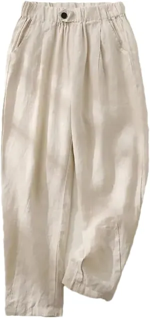 Fnfmrfmr Women Solid Pockets Ankle-Length Pants Elastic Waist Loose Casual Cotton Linen Harem Pants