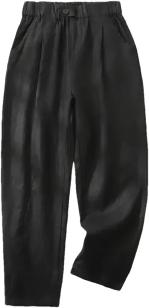 Fnfmrfmr Women Solid Pockets Ankle-Length Pants Elastic Waist Loose Casual Cotton Linen Harem Pants