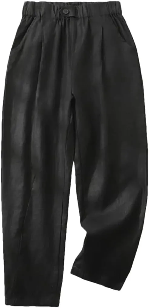 Fnfmrfmr Women Solid Pockets Ankle-Length Pants Elastic Waist Loose Casual Cotton Linen Harem Pants