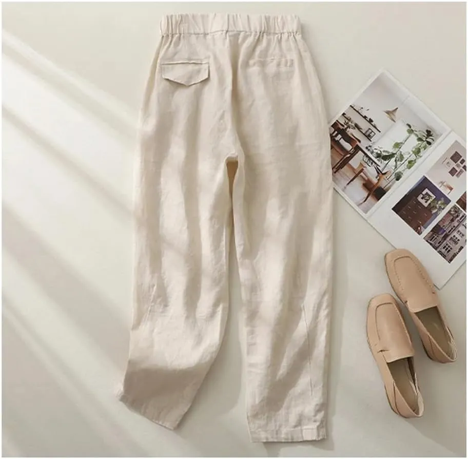 Fnfmrfmr Women Solid Pockets Ankle-Length Pants Elastic Waist Loose Casual Cotton Linen Harem Pants