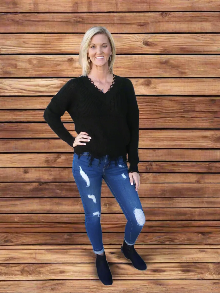 Frayed V Neck Sweater