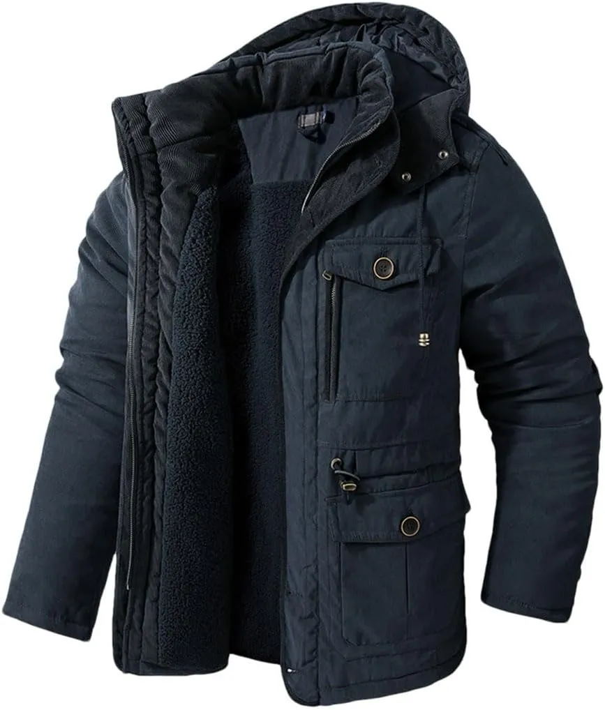 FULBHPRINT Men's Winter Hooded Windbreaker Parka - Thicken Snow Coat With Cashmere Inner - Cotton-Padded Jacket