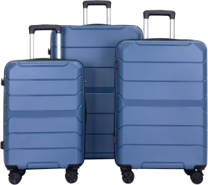 FUNNy elf Lightweight Luggage Sets Set of 3, 3-Piece Set Hardshell Suitcase with Spinner Wheels & TSA Lock & Hooks and Name, PP Luggage Sets Travel Essential (Blue)