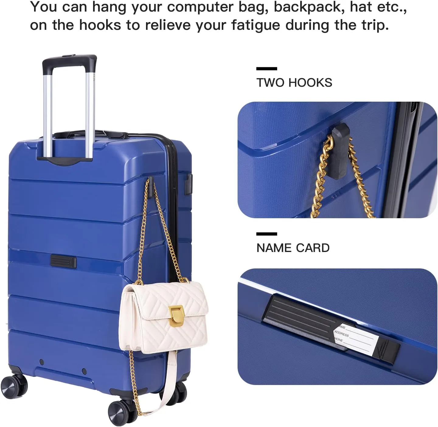 FUNNy elf Lightweight Luggage Sets Set of 3, 3-Piece Set Hardshell Suitcase with Spinner Wheels & TSA Lock & Hooks and Name, PP Luggage Sets Travel Essential (Navy)