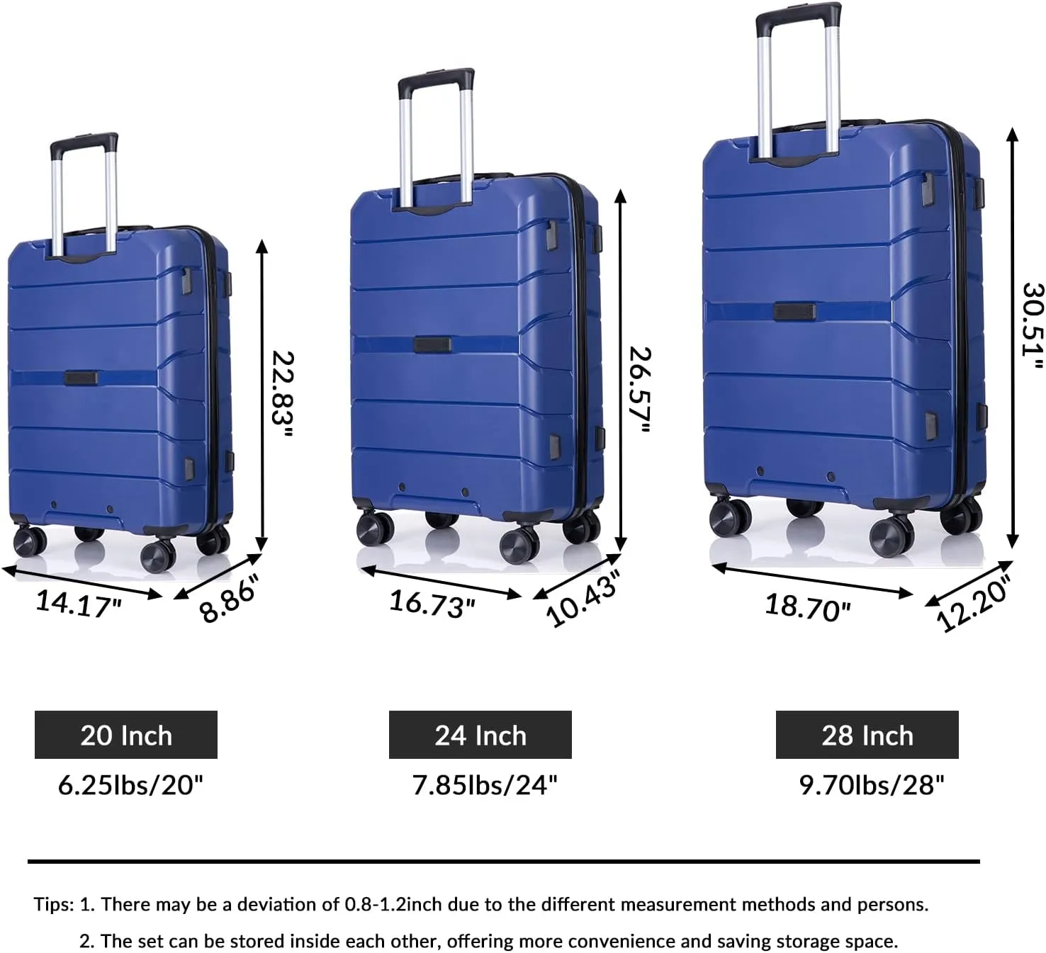 FUNNy elf Lightweight Luggage Sets Set of 3, 3-Piece Set Hardshell Suitcase with Spinner Wheels & TSA Lock & Hooks and Name, PP Luggage Sets Travel Essential (Navy)