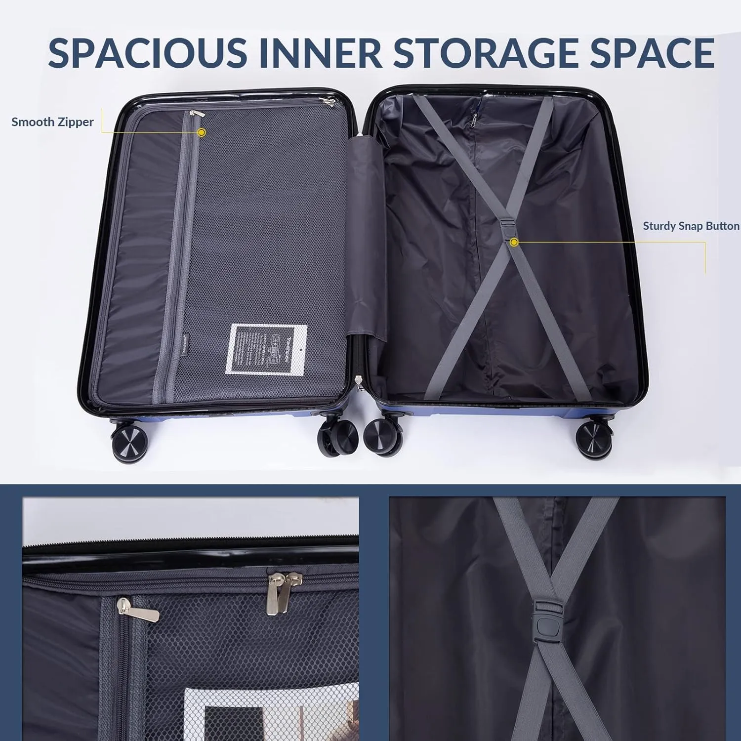 FUNNy elf Lightweight Luggage Sets Set of 3, 3-Piece Set Hardshell Suitcase with Spinner Wheels & TSA Lock & Hooks and Name, PP Luggage Sets Travel Essential (Navy)