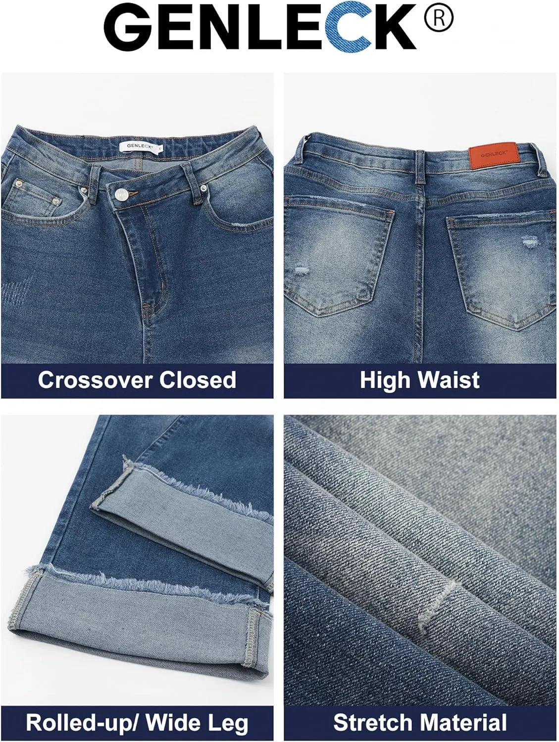 Genleck Wide Leg Cropped Jeans for Women Trendy High Waisted Crossover Boyfriend Jeans Mom Baggy Stretchy Denim