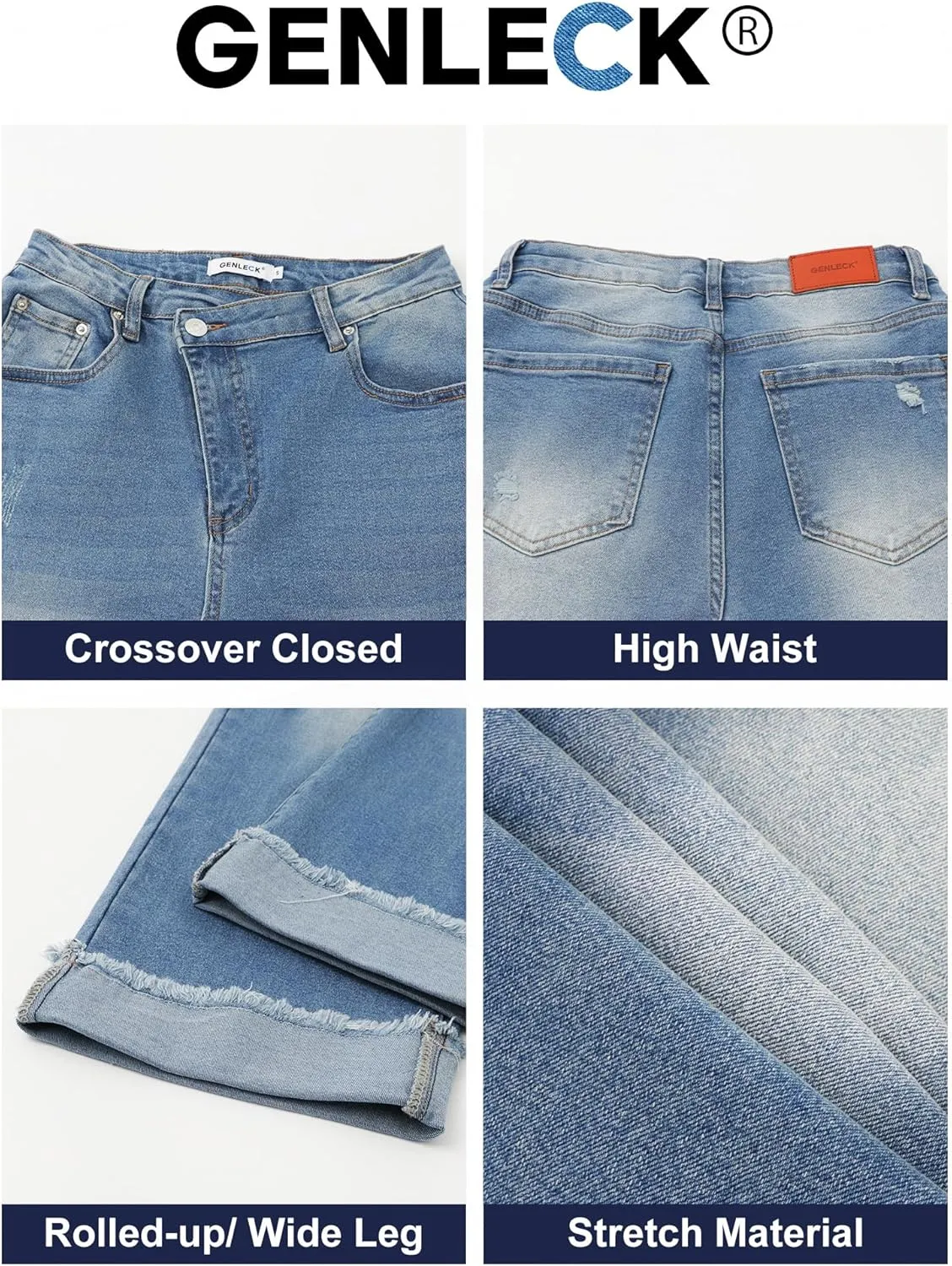 Genleck Wide Leg Cropped Jeans for Women Trendy High Waisted Crossover Boyfriend Jeans Mom Baggy Stretchy Denim