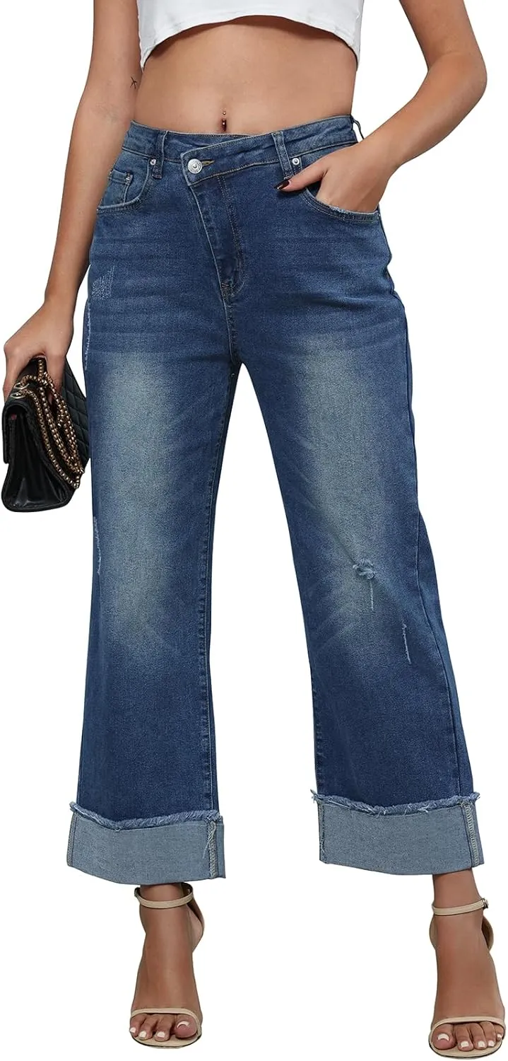 Genleck Wide Leg Cropped Jeans for Women Trendy High Waisted Crossover Boyfriend Jeans Mom Baggy Stretchy Denim