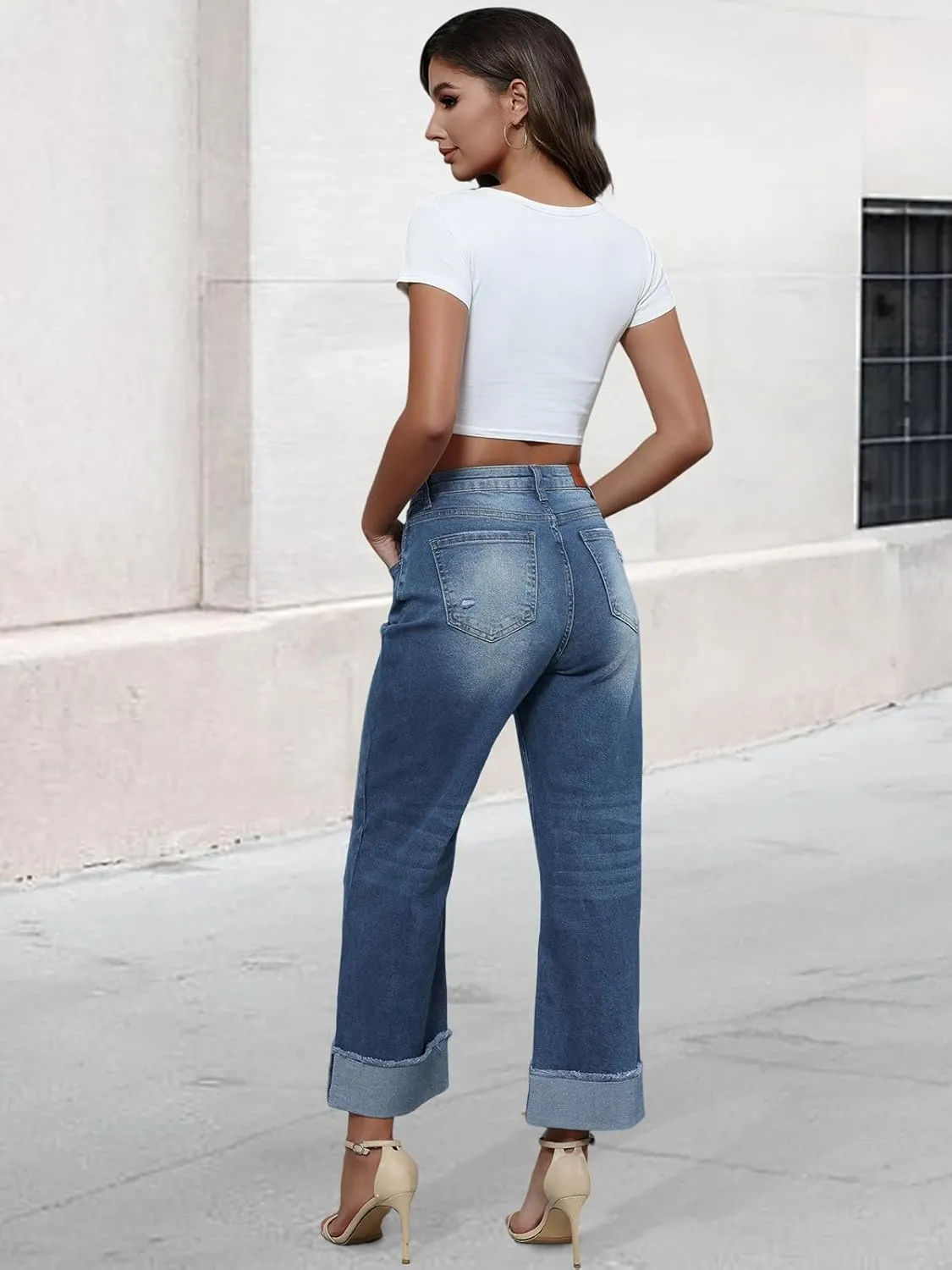 Genleck Wide Leg Cropped Jeans for Women Trendy High Waisted Crossover Boyfriend Jeans Mom Baggy Stretchy Denim