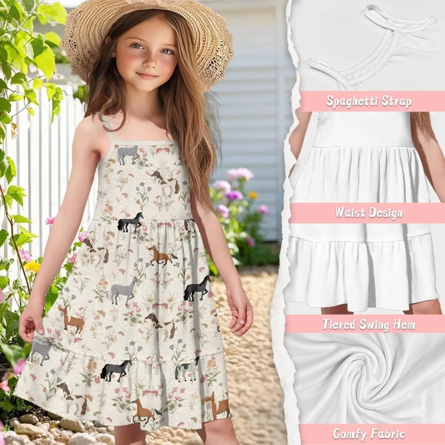 Girls Cute Spaghetti Strap Dress Tiered A-Line Pleated Summer Midi Dresses for 3-14Y