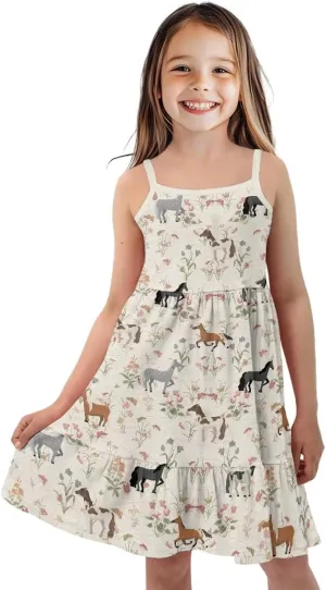 Girls Cute Spaghetti Strap Dress Tiered A-Line Pleated Summer Midi Dresses for 3-14Y