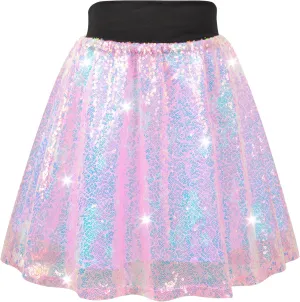 Girls Sequin Skirt, Kids Sparkly Skirt Rainbow Glitter Skirt Skorts for 6-10 Years