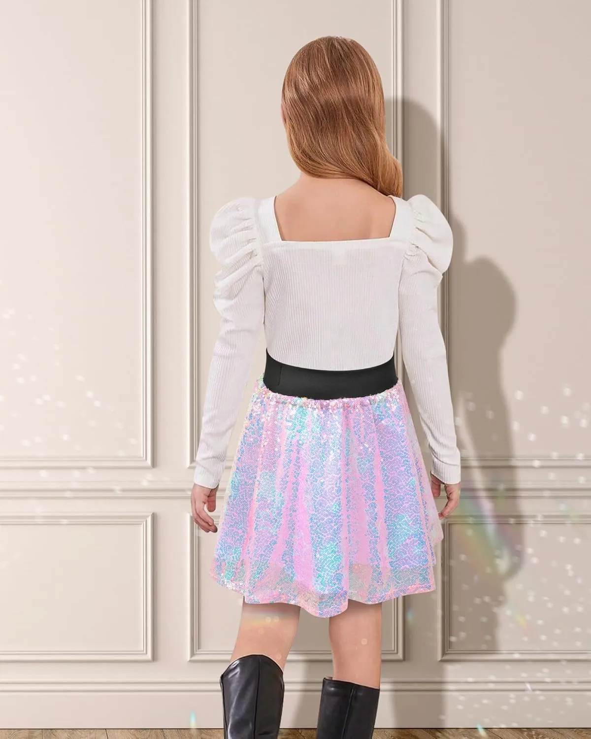 Girls Sequin Skirt, Kids Sparkly Skirt Rainbow Glitter Skirt Skorts for 6-10 Years