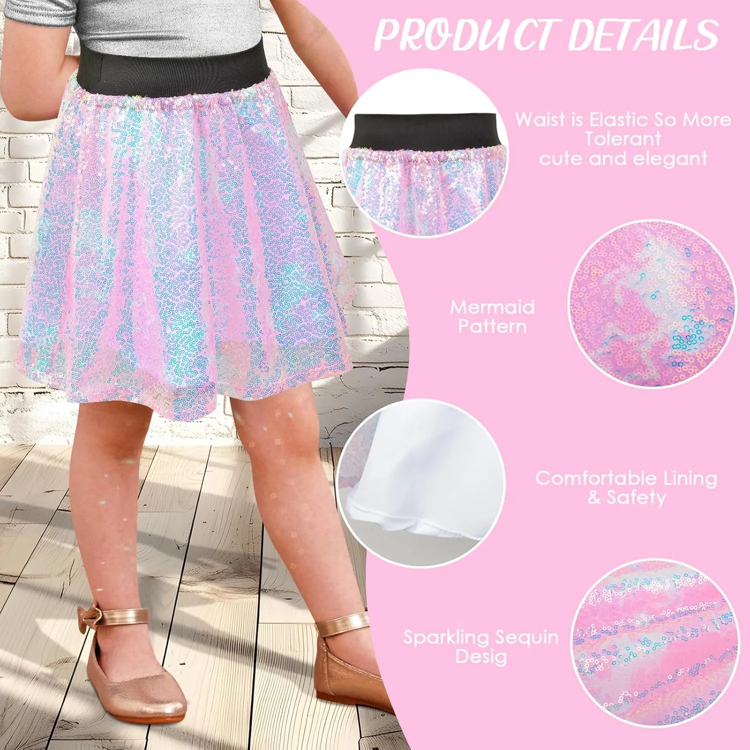 Girls Sequin Skirt, Kids Sparkly Skirt Rainbow Glitter Skirt Skorts for 6-10 Years