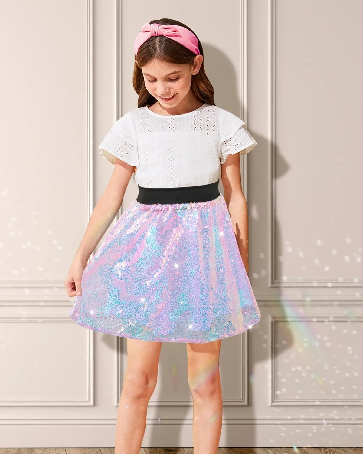 Girls Sequin Skirt, Kids Sparkly Skirt Rainbow Glitter Skirt Skorts for 6-10 Years