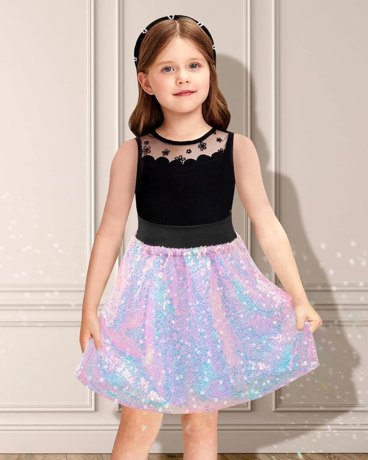 Girls Sequin Skirt, Kids Sparkly Skirt Rainbow Glitter Skirt Skorts for 6-10 Years