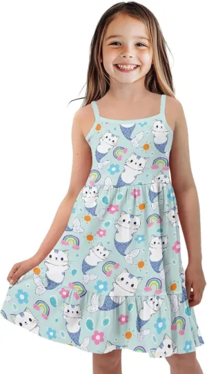 Girls Spaghetti Strap Summer Dress Ruffle Pleated Midi Dresses for School Home 3-16 Y