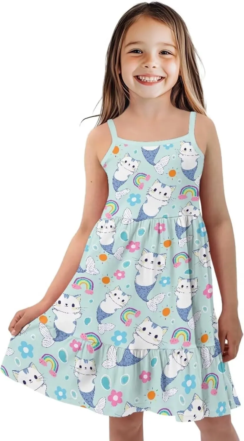 Girls Spaghetti Strap Summer Dress Ruffle Pleated Midi Dresses for School Home 3-16 Y