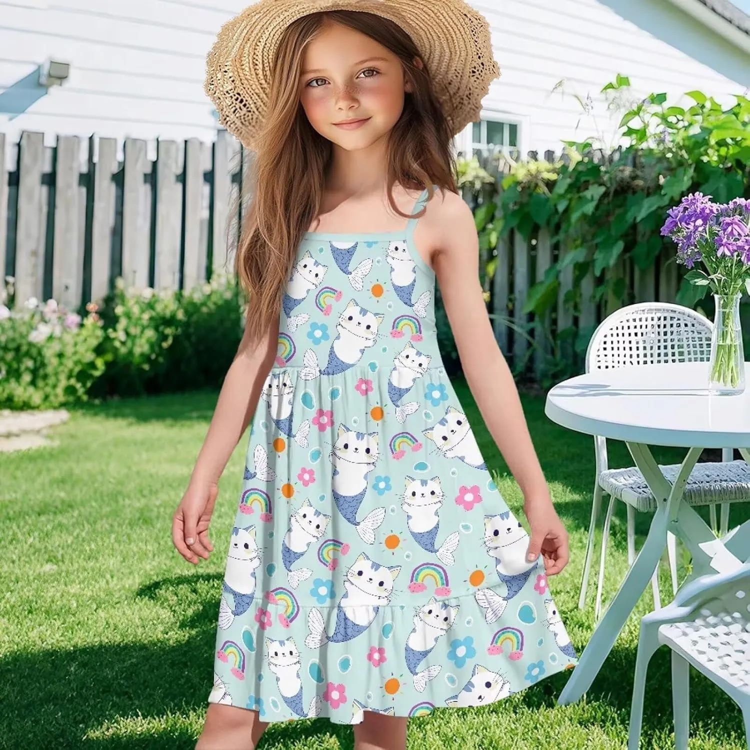 Girls Spaghetti Strap Summer Dress Ruffle Pleated Midi Dresses for School Home 3-16 Y