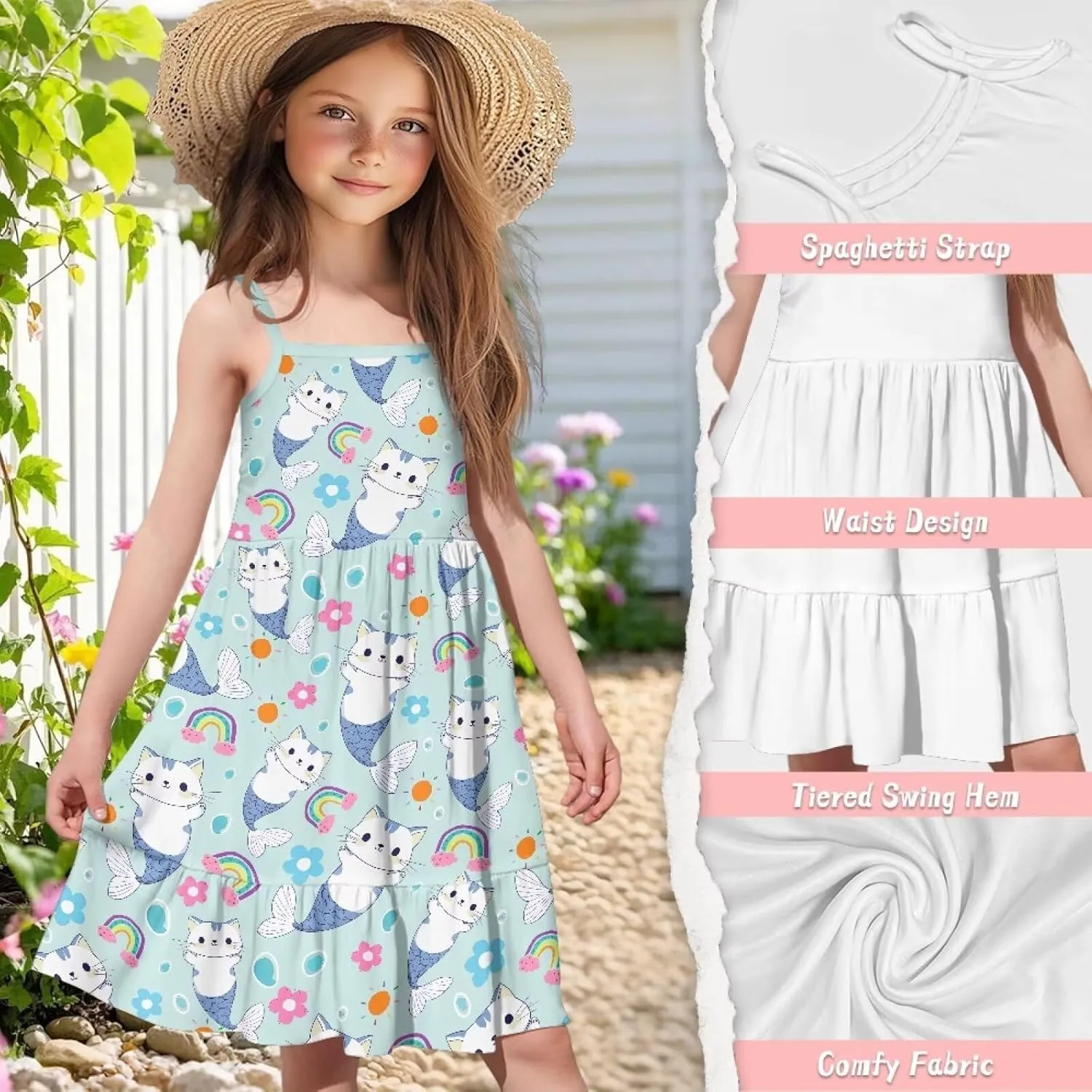 Girls Spaghetti Strap Summer Dress Ruffle Pleated Midi Dresses for School Home 3-16 Y