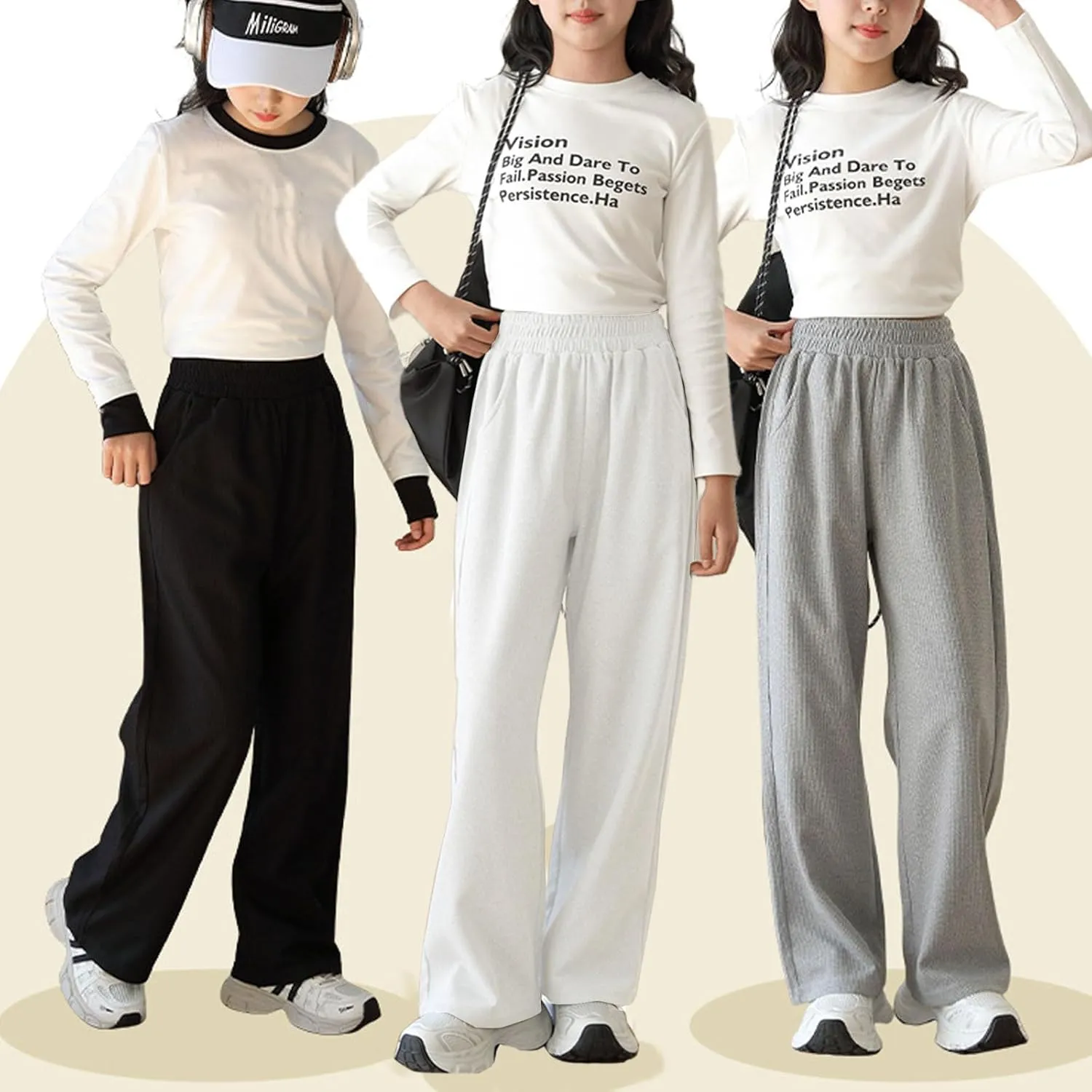 Girl's Wide Leg Sweatpants Baggy Straight Loose Sweat Pants High Waist Causal Kids Athletic Pants with Pockets 6-14Y