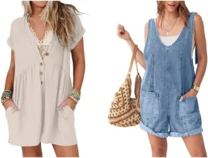 Glamaker Women's Summer Short Sleeve Romper Casual V Neck Wide Leg Short Jumpsuit Button Up One Piece Beach Rompers