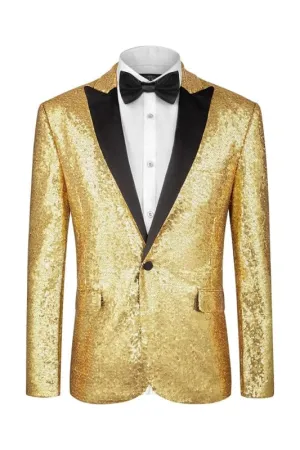 Gold Sequins Peaked Lapel Two Piece Prom Suits for Men One Button Wedding Groom Suits