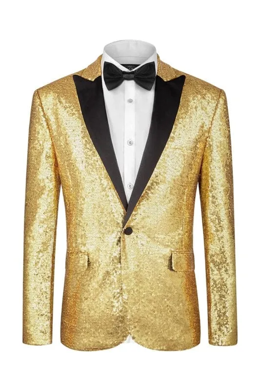 Gold Sequins Peaked Lapel Two Piece Prom Suits for Men One Button Wedding Groom Suits