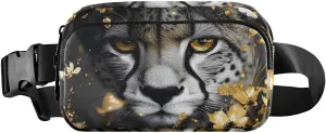 Golden Floral Cheetah Fanny Packs for Women Men, Water Resistant Waist Pack Sling Bag Purse for Travel Hiking