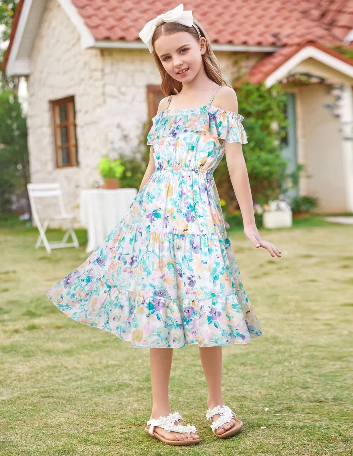 GRACE KARIN Girls Summer Dress Off Shoulder Ruffle Floral Spaghetti Strap Casual Sundress Tiered Midi Dress