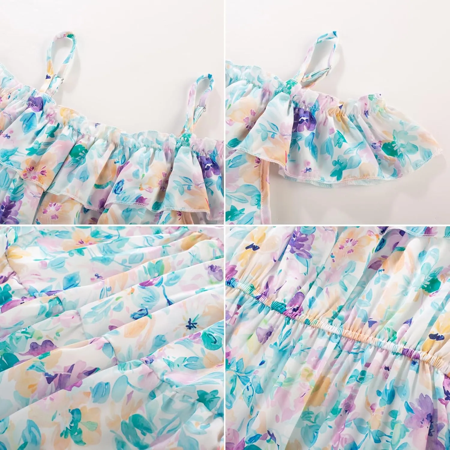 GRACE KARIN Girls Summer Dress Off Shoulder Ruffle Floral Spaghetti Strap Casual Sundress Tiered Midi Dress