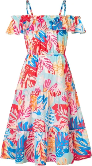 GRACE KARIN Girls Summer Dress Off Shoulder Ruffle Floral Spaghetti Strap Casual Sundress Tiered Midi Dress