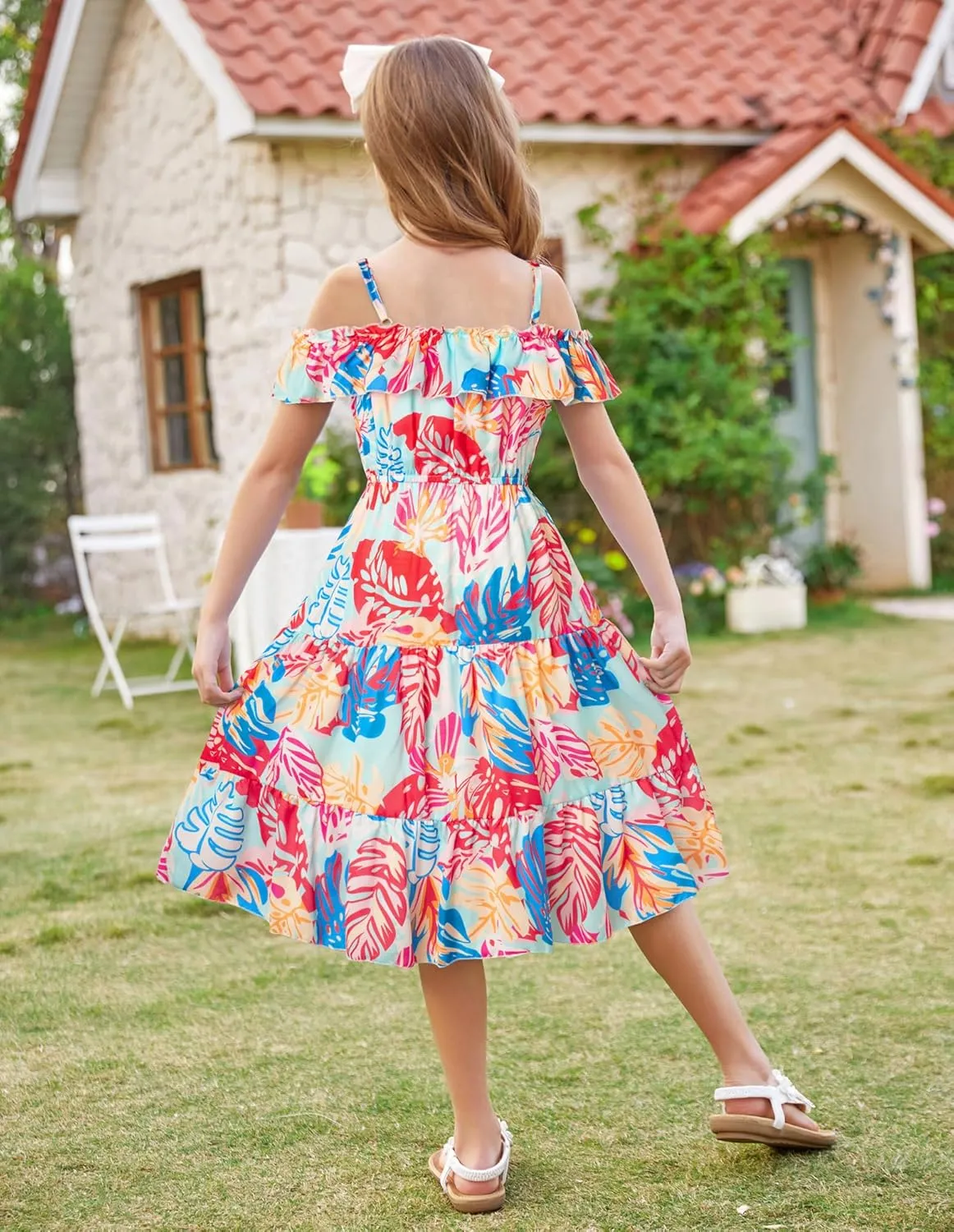 GRACE KARIN Girls Summer Dress Off Shoulder Ruffle Floral Spaghetti Strap Casual Sundress Tiered Midi Dress