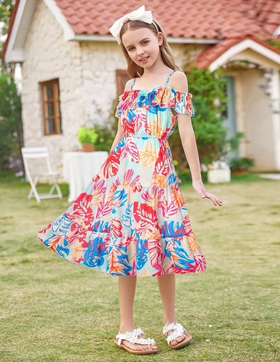 GRACE KARIN Girls Summer Dress Off Shoulder Ruffle Floral Spaghetti Strap Casual Sundress Tiered Midi Dress