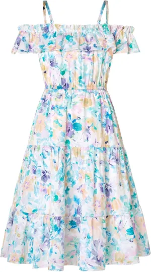 GRACE KARIN Girls Summer Dress Off Shoulder Ruffle Floral Spaghetti Strap Casual Sundress Tiered Midi Dress