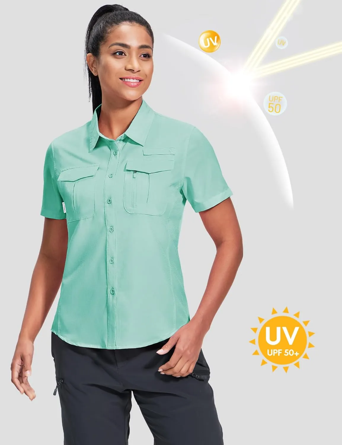 Haimont Women's Sun Protection Fishing Hiking Shirts Button Down Short Sleeve Water Resistant Quick Dry Outdoor