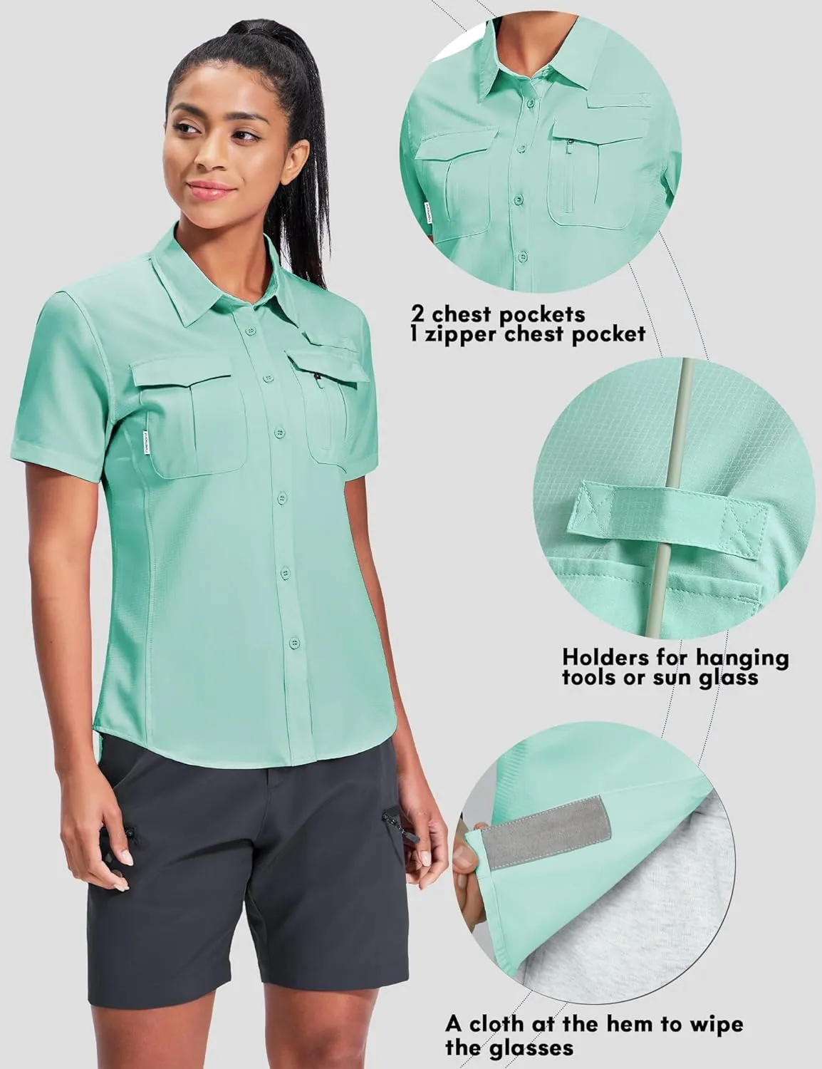 Haimont Women's Sun Protection Fishing Hiking Shirts Button Down Short Sleeve Water Resistant Quick Dry Outdoor