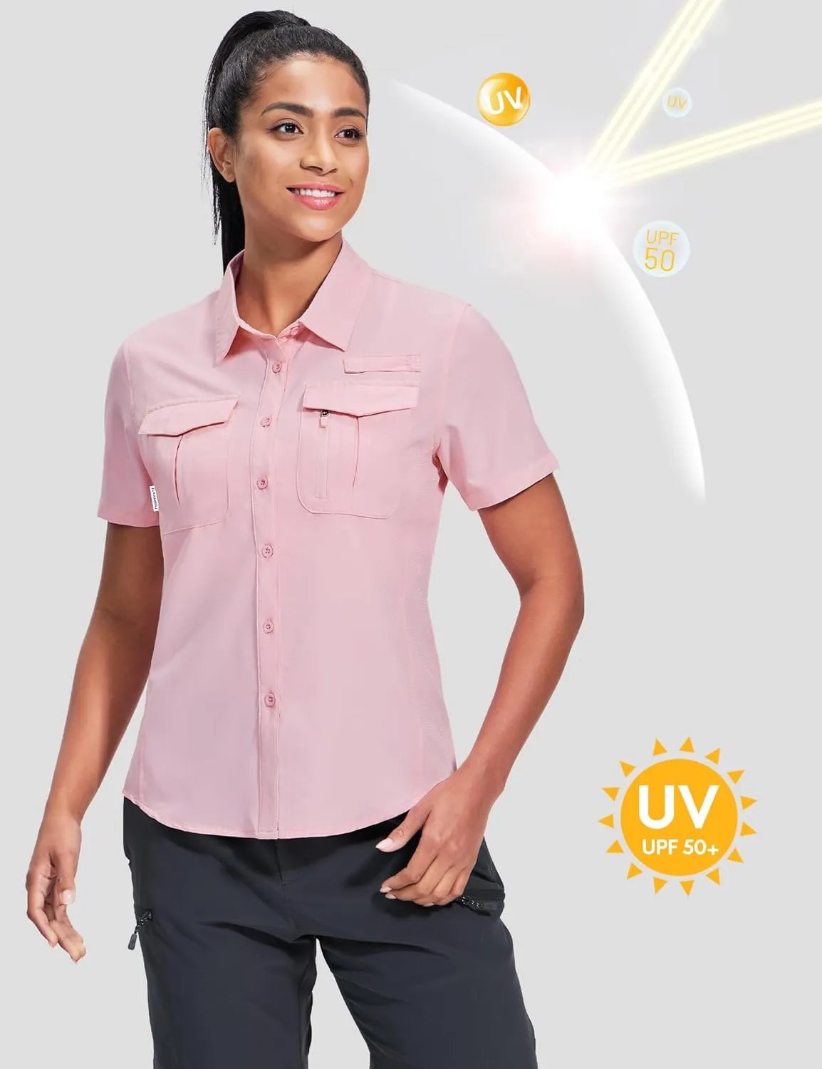 Haimont Women's Sun Protection Fishing Hiking Shirts Button Down Short Sleeve Water Resistant Quick Dry Outdoor