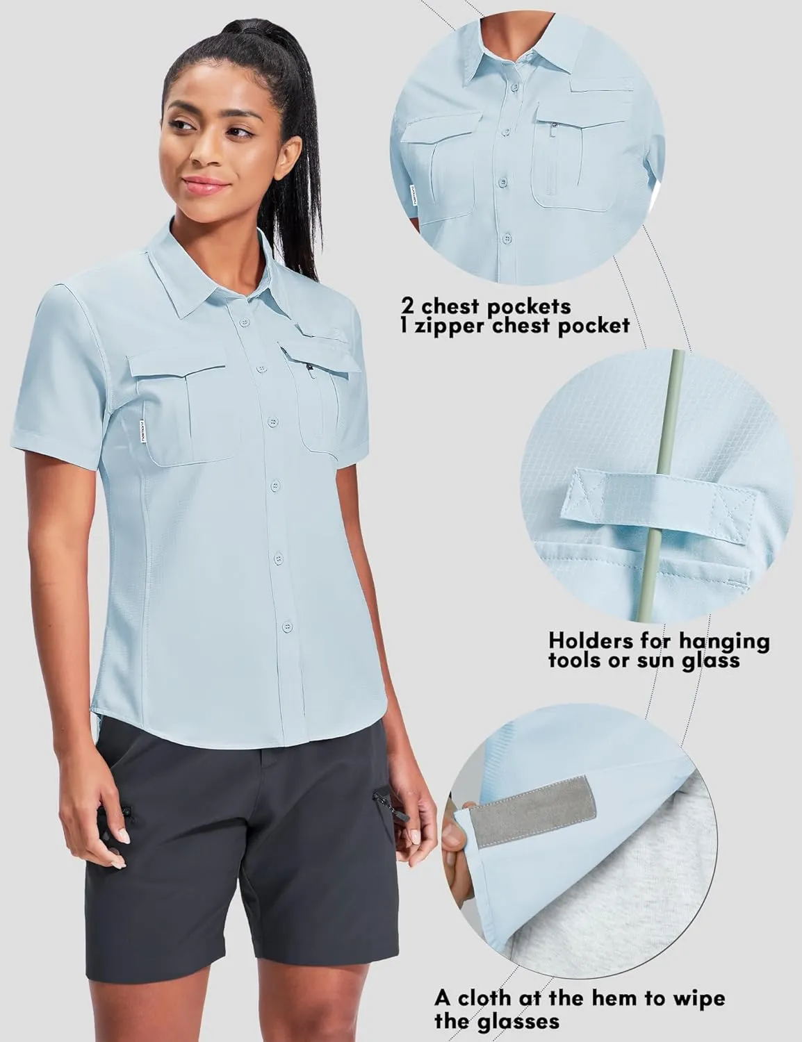 Haimont Women's Sun Protection Fishing Hiking Shirts Button Down Short Sleeve Water Resistant Quick Dry Outdoor