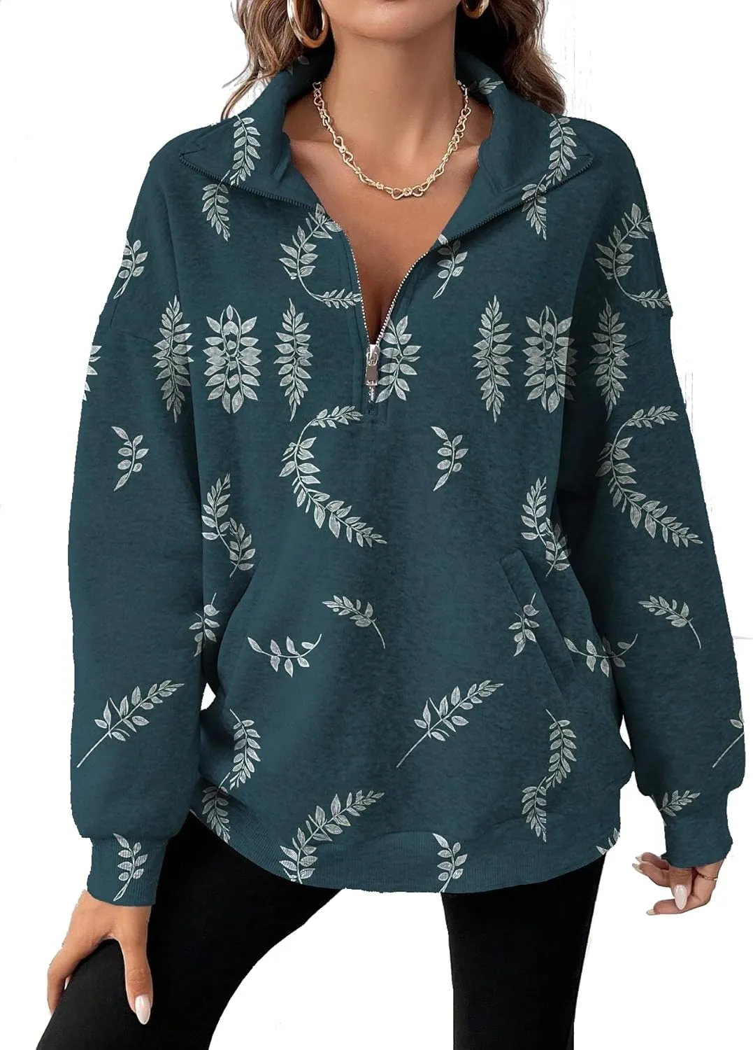 Half Zip Pullover Sweatshirt for Women Floral Oversized Outfits Long Sleeve Casual Fall Shirts with Pockets