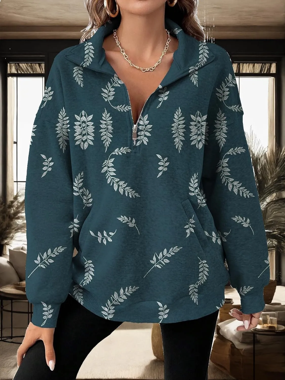 Half Zip Pullover Sweatshirt for Women Floral Oversized Outfits Long Sleeve Casual Fall Shirts with Pockets