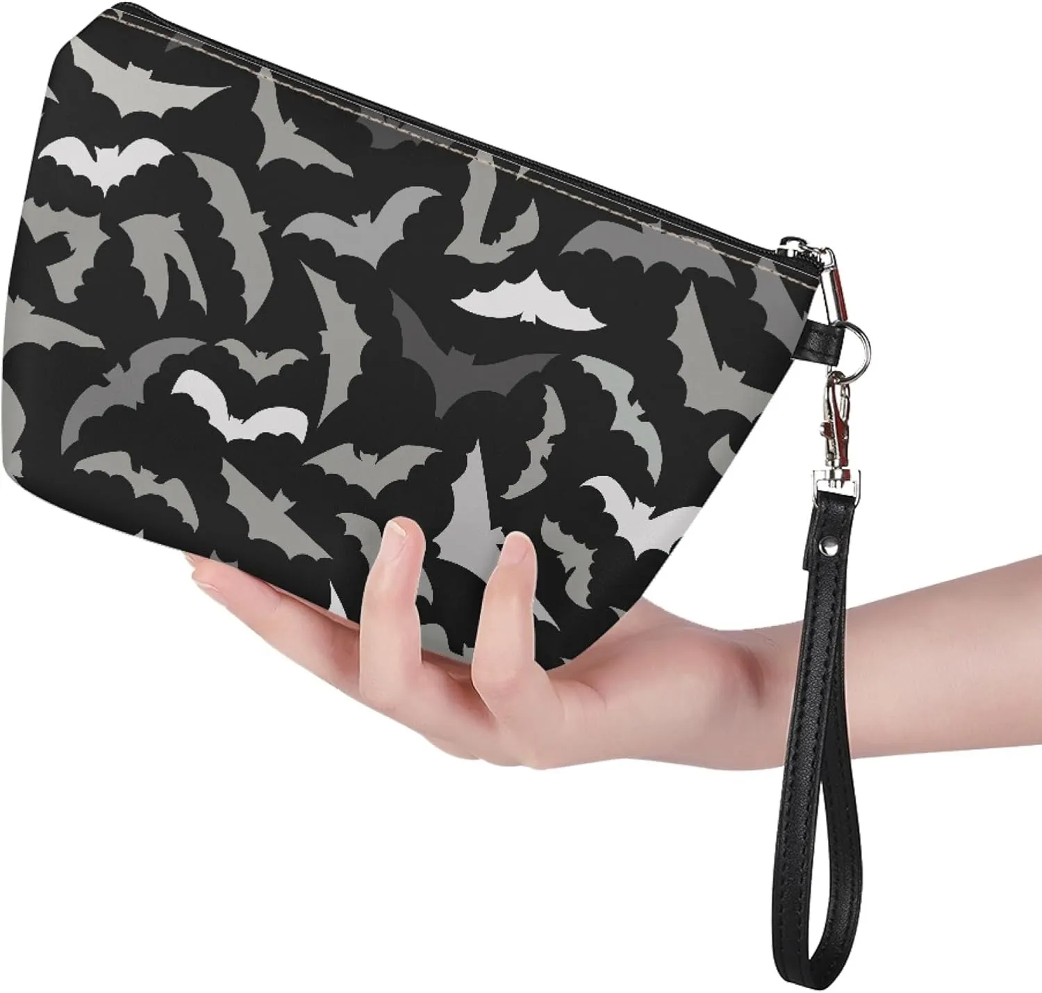 Halloween Bat Cosmetic Bag for Women Travel Makeup Bags Water Resistant PU Leather Small Pouch Bag with Zip